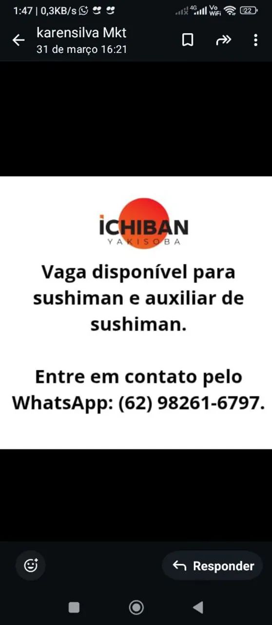 Vaga para sushiman e auxiliar de sushiman