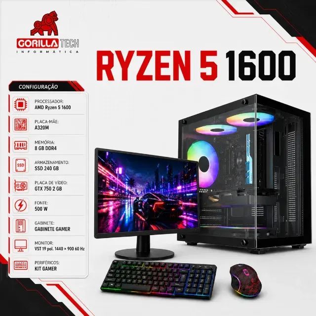 PC Completo Ryzen 5 1600 GTX 750 8GB SSD 240GB + Monitor 19