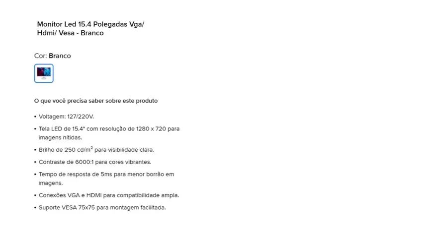 Monitor Led 15.4 Polegadas Vga/ Hdmi/ Vesa - Branco - Foto 2