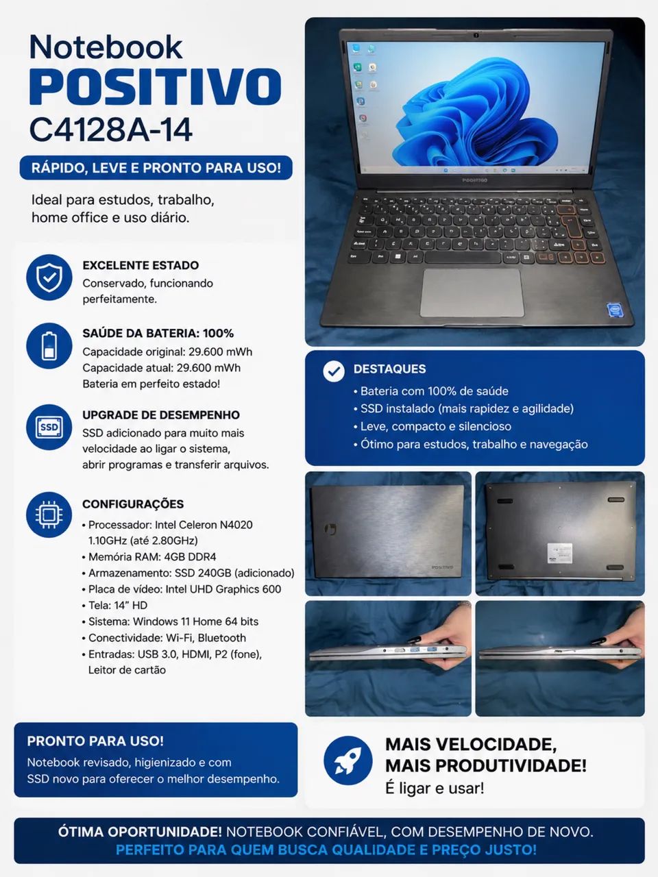 Notebook Positivo C4128A-14 | SSD 240GB | Bateria 100% | Windows 11