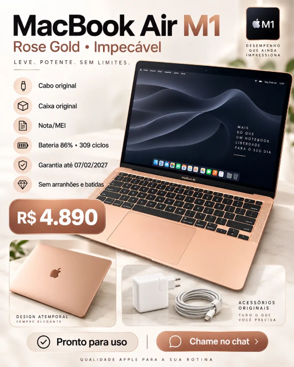 MacBook Air M1 8GB 256GB Rose Gold | Completo + Garantia 2027