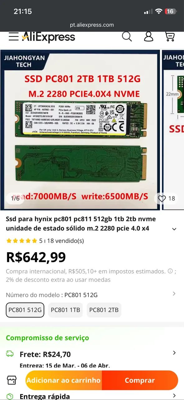 Nvme de 512Gb SK Hynix 