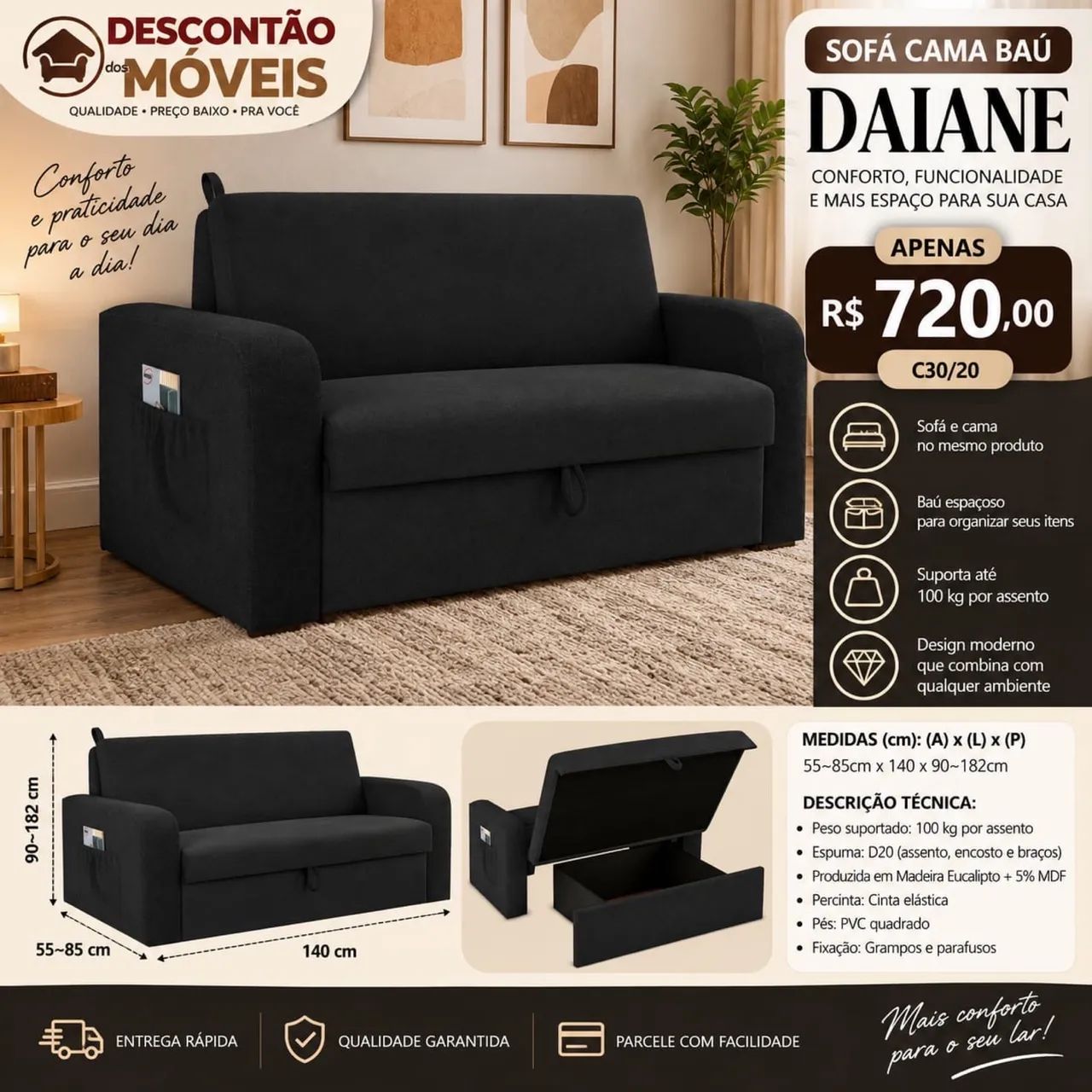 Sofá Cama Baú Daiane 