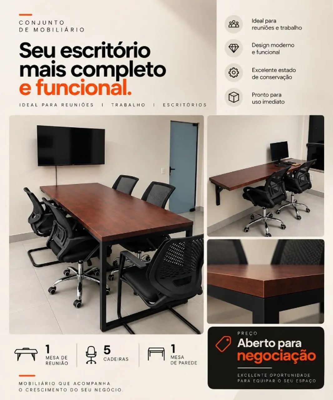 Mesa de reunião + 5 cadeiras + 1 mesa de parede