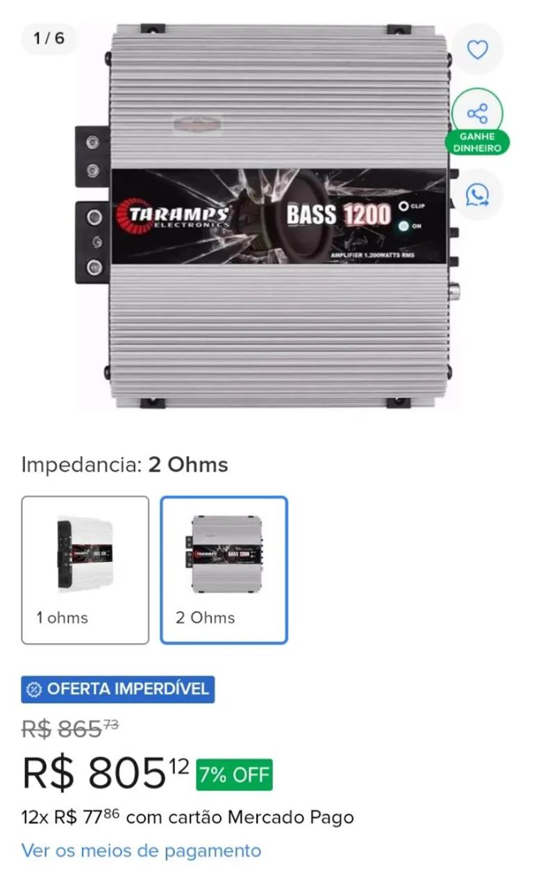 Módulo taramps Bass1200wrms 2 ohms novo  - Foto 5
