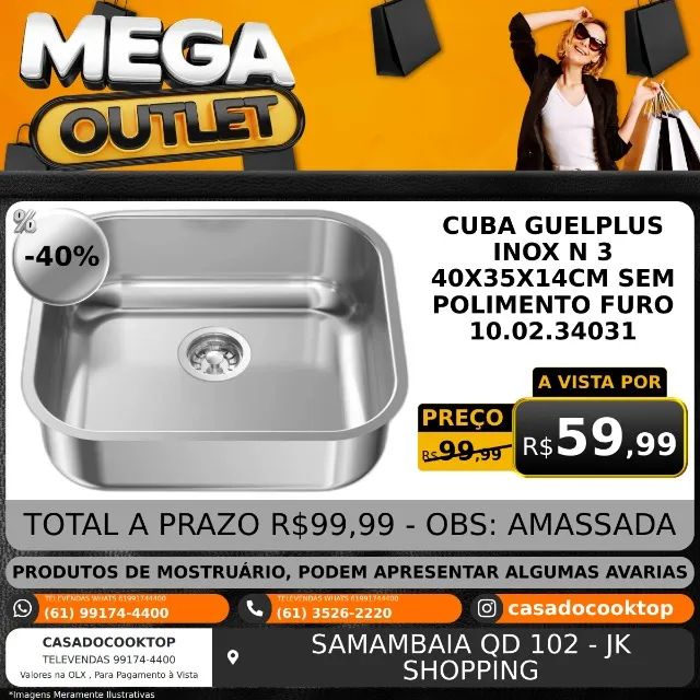 CUBA GUELPLUS INOX N3 40X35X14CM SEM POLIMENTO FURO 3.1/2