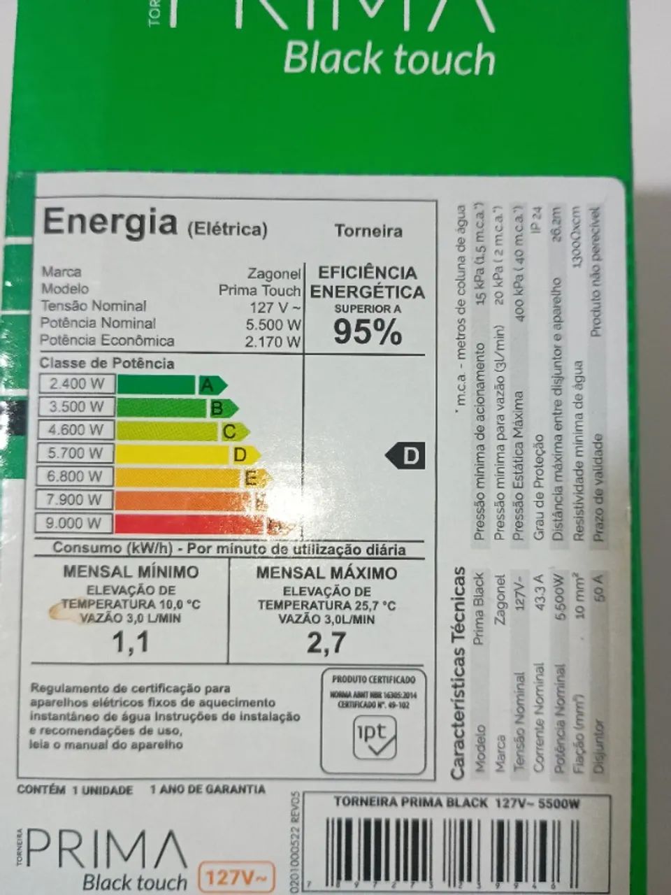 Torneira Eletrônica Zagonel Prima Black Touch 5500W - 127V