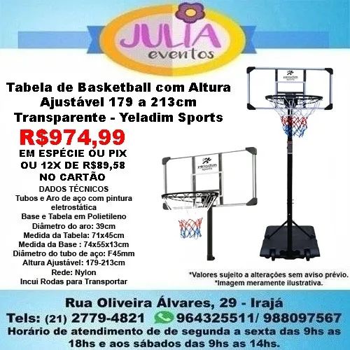 Tabela de Basketball com Altura Ajustável 179 a 213cm - Transparente Yeladim Sports