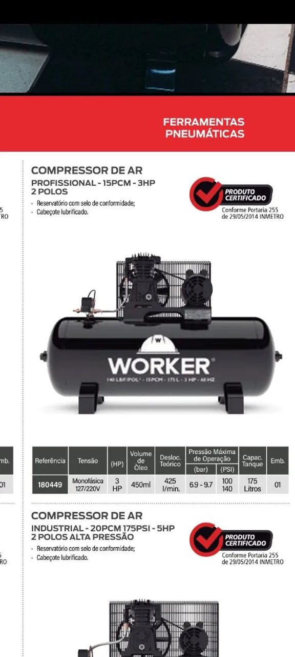Compressor de Ar Worker Profissional 15PCM - 3HP 2 Polos - 175 Litros