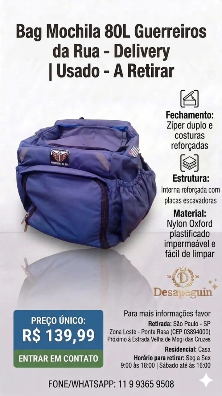 Bag Mochila 80L Guerreiros da Rua - Delivery | Usado - A Retirar