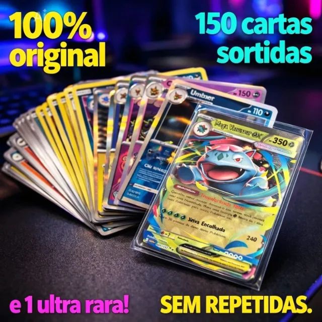 150 Cartas Pokémon com Rara Garantida