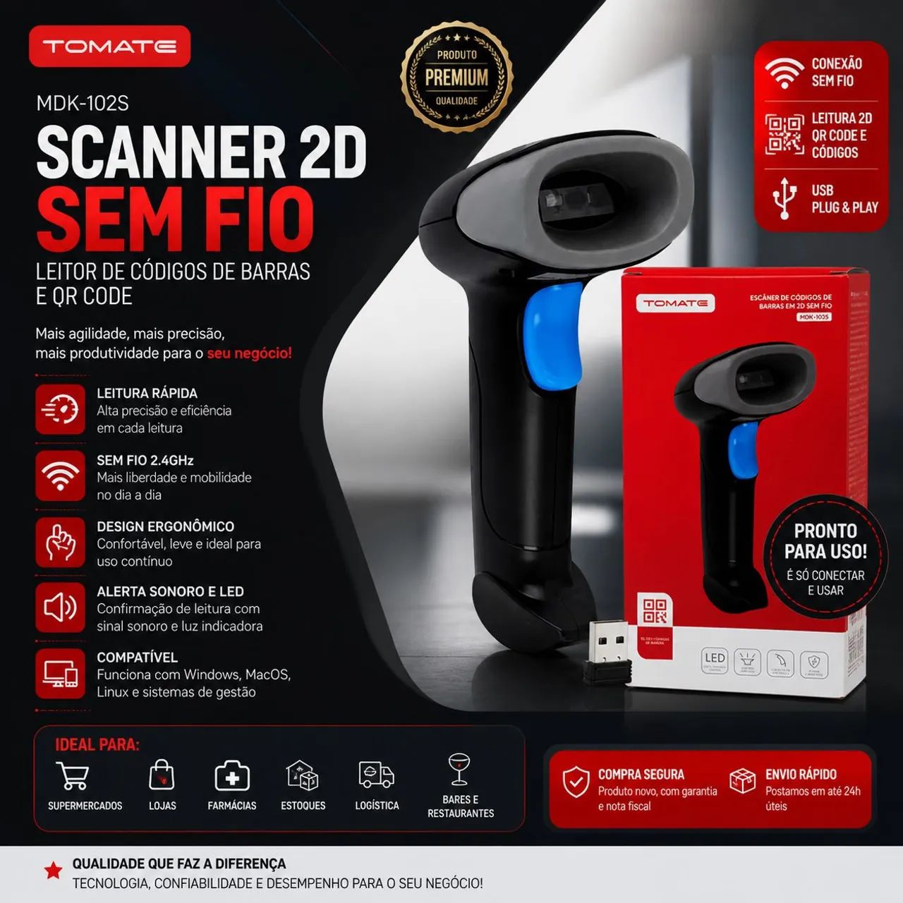 Scanner de Código de Barras 2D Sem Fio USB | Leitor QR Code Profissional - Foto 3