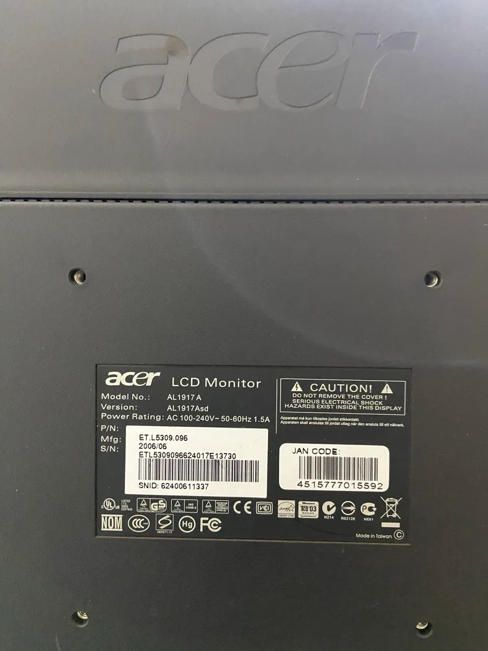 Monitor Acer LCD AL1917 17 polegadas - Monitores - Jardim São