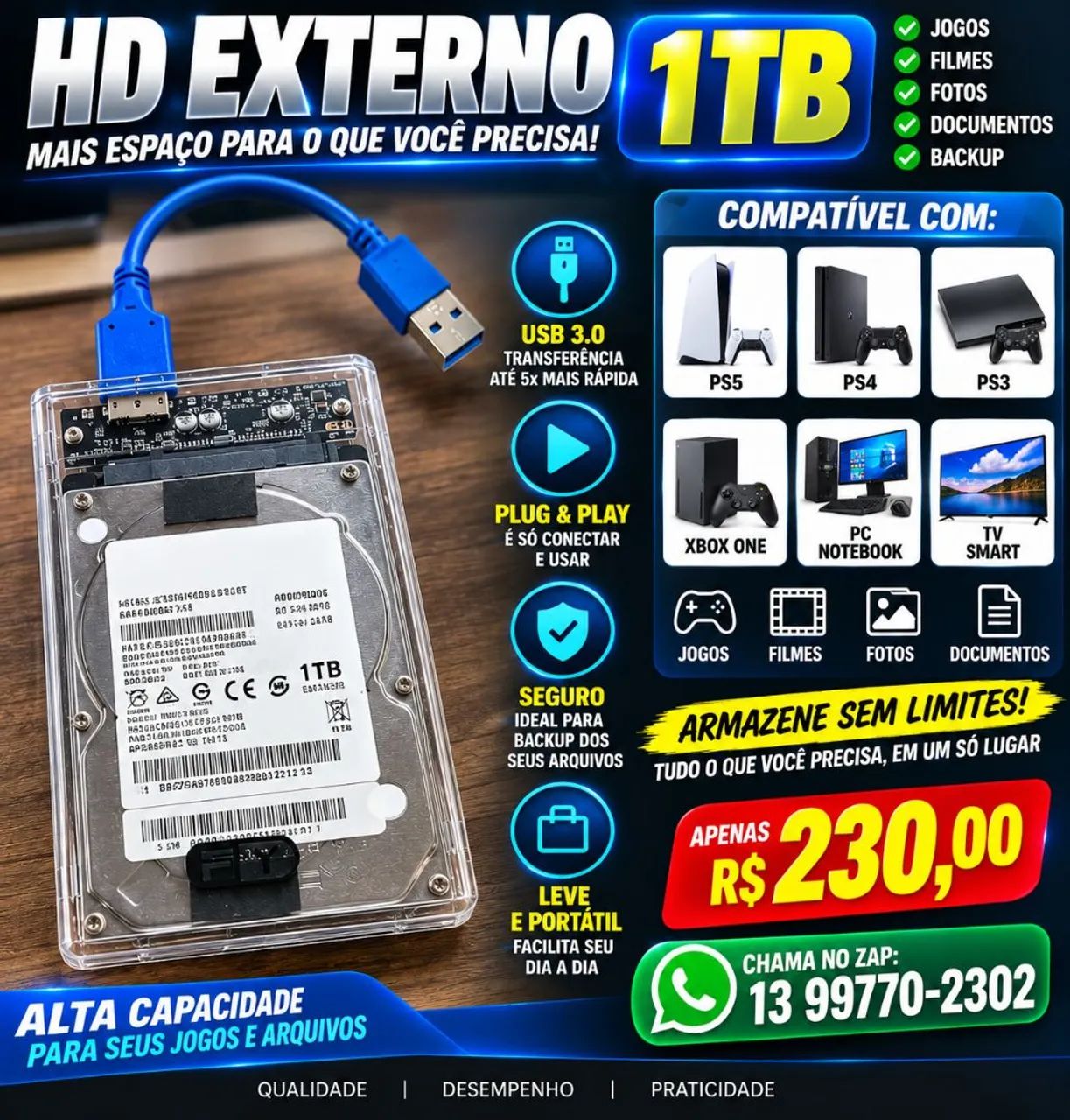 HD EXTERNO 1TB - IDEAL PARA PS3, PS4, PS5, XBOX E PC