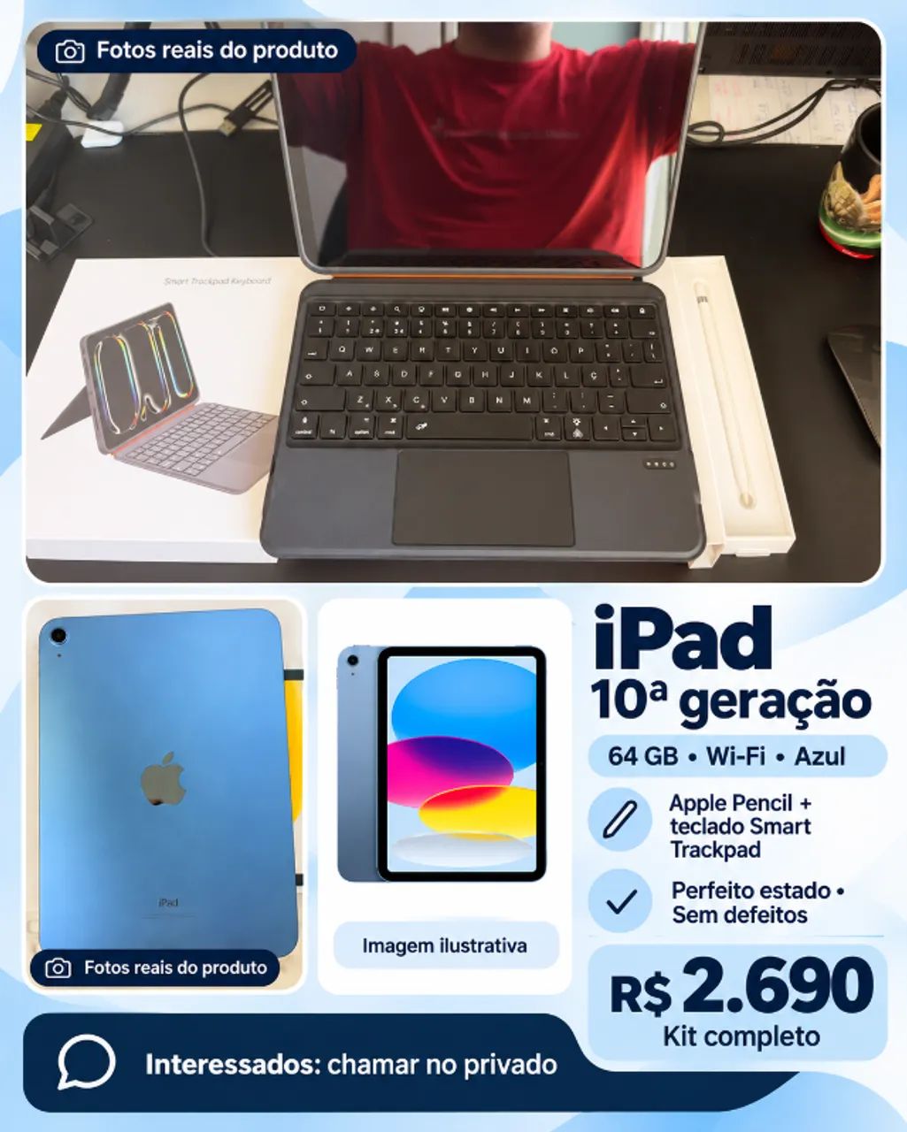 iPad 10ª geração 64 GB Wi-Fi azul + Apple Pencil + teclado Smart