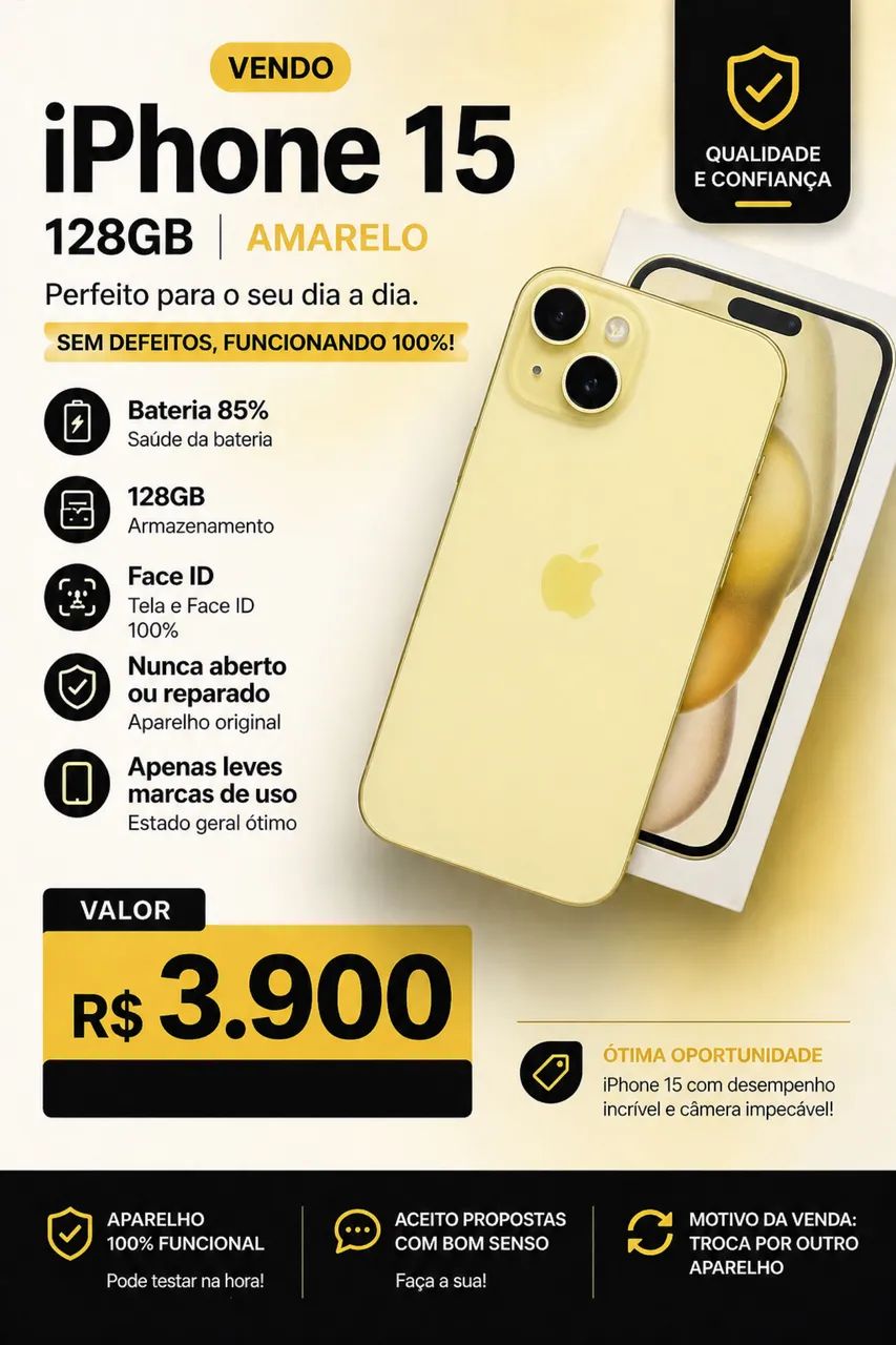 iPhone 15 Amarelo 128GB - Celulares e Smartphones - Gleba do