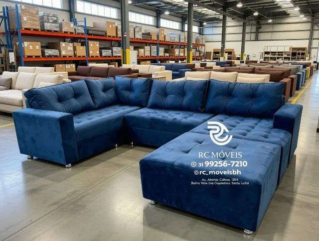 Sofá de Canto 3,10m Chaise e Puff Veludo Bege D33 Confortável