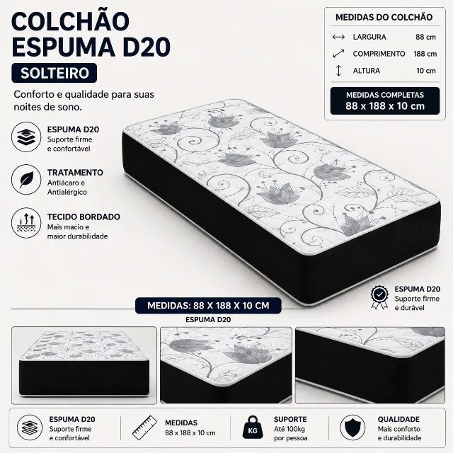 Colchão Espuma D20 88x188 Altura 10cm  - Foto 3