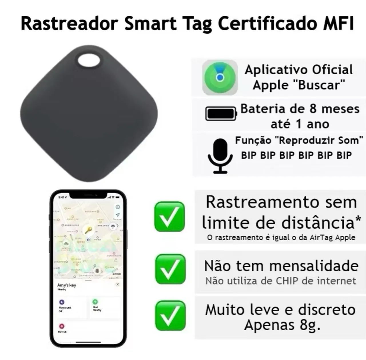 Rastreador Smart Tag Apple Certificado MFI - Rastreamento Ilimitado