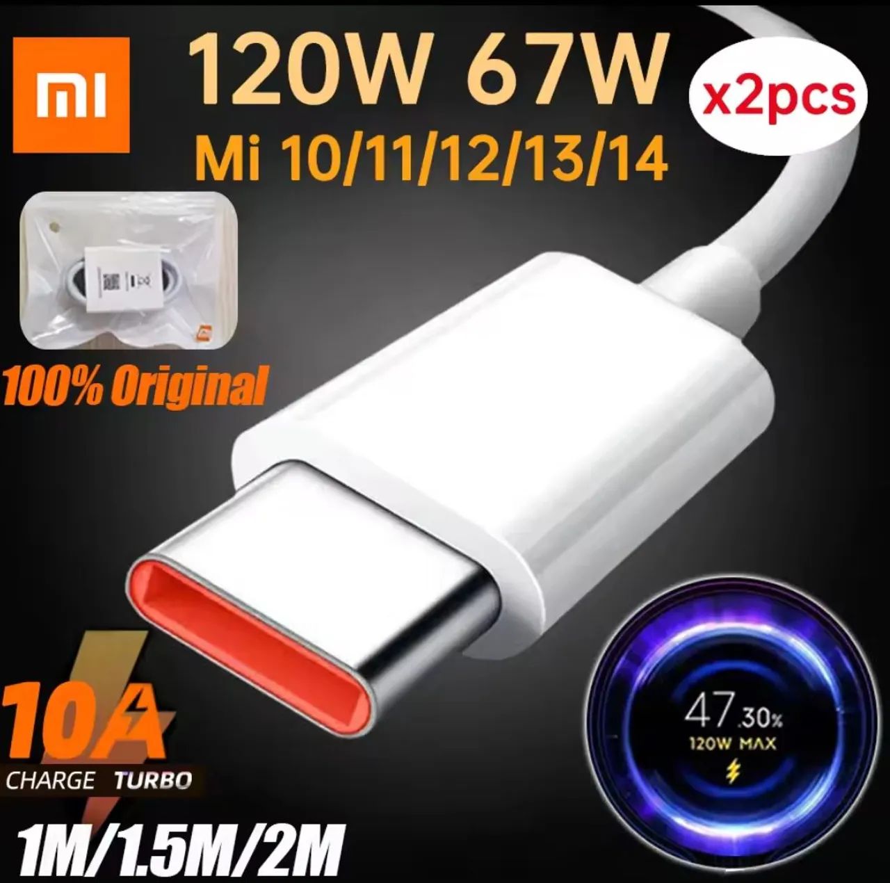 KIT 2 CABOS TIPO C ORIGINAL 1 METRO P XIAOMI 