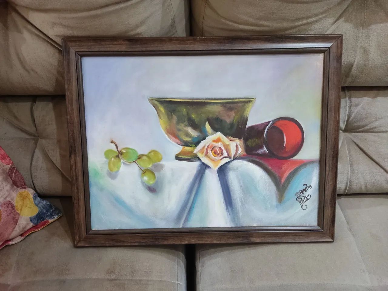 Quadro com pintura de natureza morta composição uva e flor 30cmx40cm