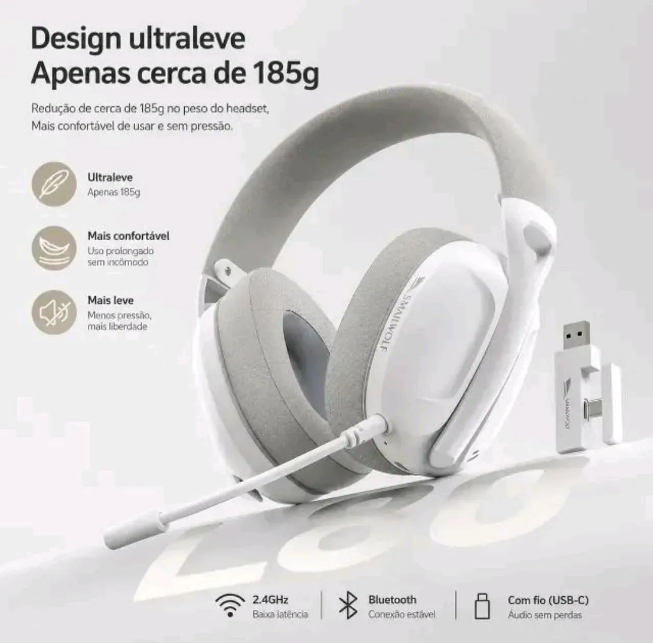 Headset Gamer Smailwolf L80 Sem Fio Trimode Bluetooth 2.4G e USB C - Branco - Foto 4