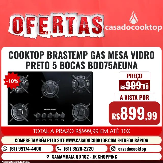 COOKTOP BRASTEMP GAS MESA VIDRO PRETO 5 BOCAS BDD75AEUNA