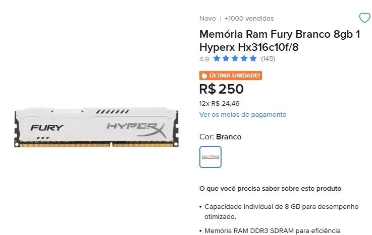 Memória Ram DDR3 8gb Fury Hyperx