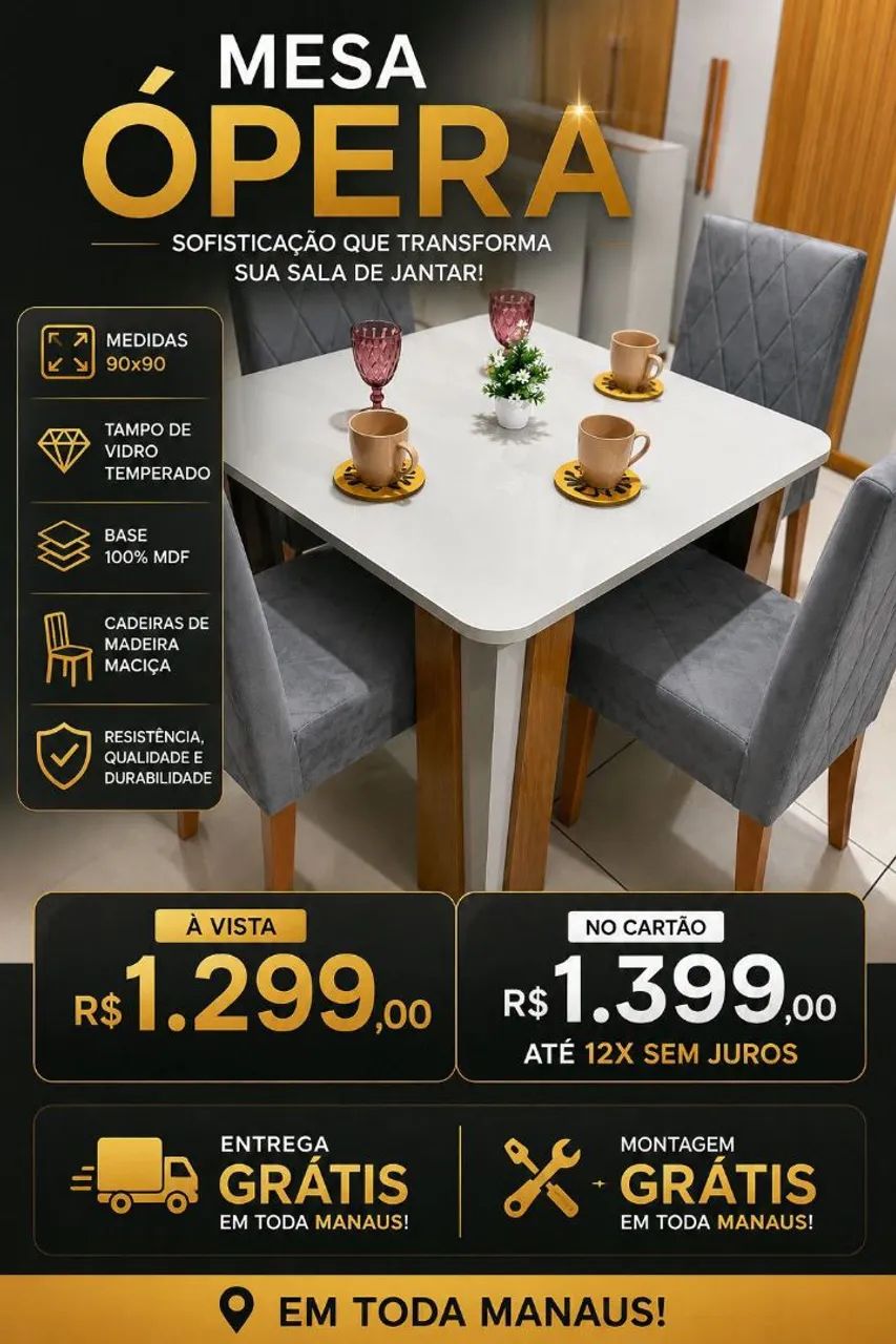 Mesa de 4 lugares 100% mdf tampo de vidro 