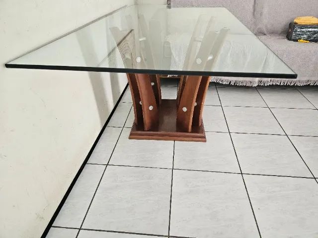 Mesa de Jantar Vidro 15mm e base de madeira 180x90