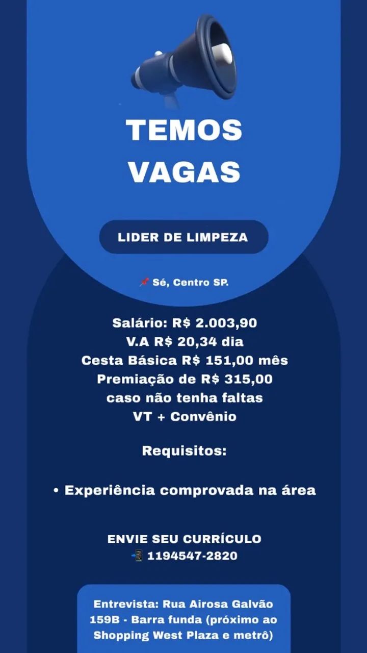 Líder de Limpeza - Escala 6x1, Centro SP.
