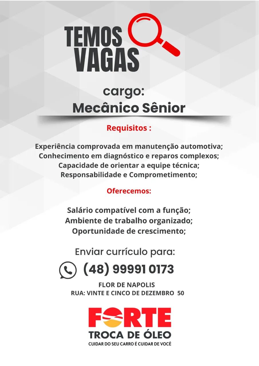 Vaga de Mecânico e auxiliar de mecânico 