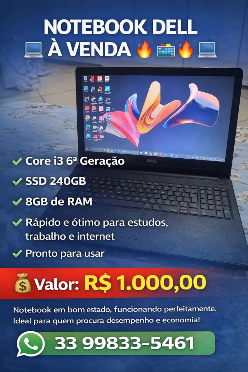 NOTEBOOK DELL CORE I3 DE SEXTA GERAÇÃO, SSD 240GB, Memória Ram 8gb