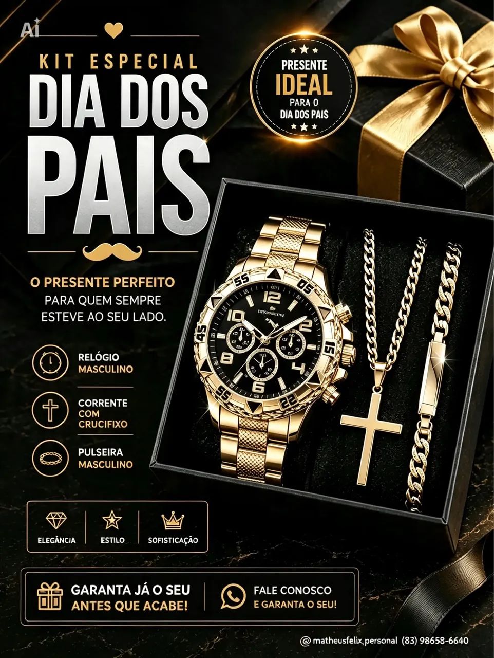 KIT ESPECIAL DIA DOS PAIS - RELÓGIO + CORRENTE + PULSEIRA - Foto 2