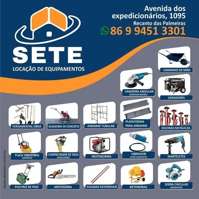 Sete locação de Maquinas, Equipamentos e Ferramentas para Construção Civil