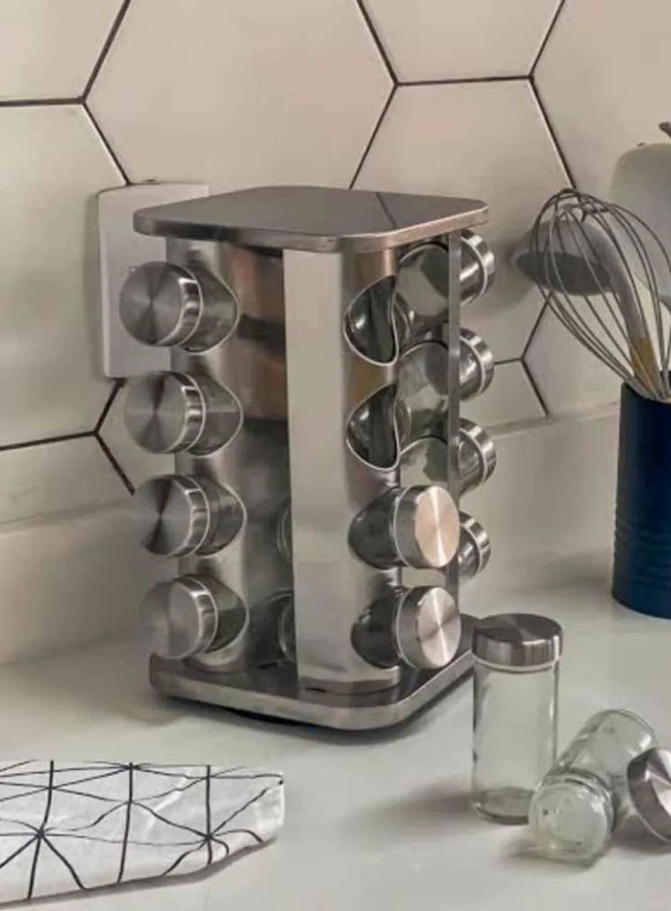 Organizador de Temperos e Condimentos em Inox Giratório, com 16 potes de vidro
