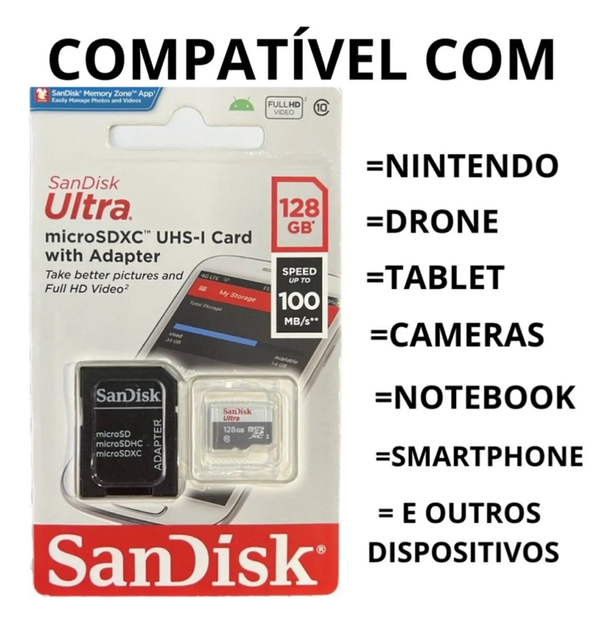 Cartão de Memória SanDisk 128GB MicroSD Ultra Classe 10 +Adaptador SD - Foto 2