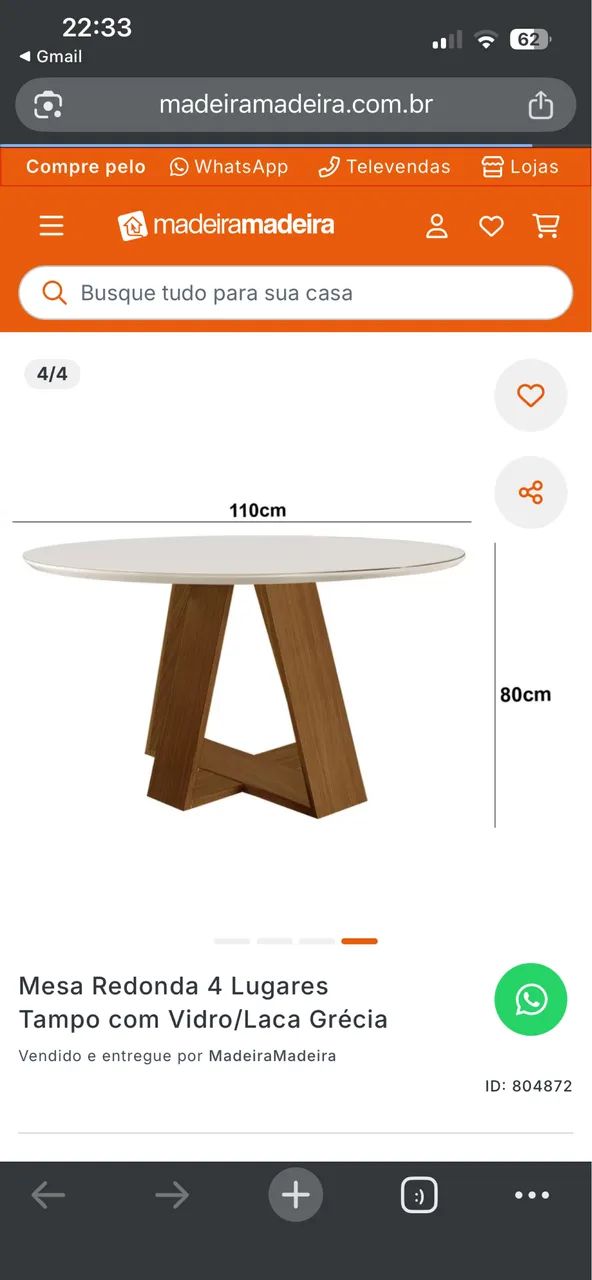 Mesa de Jantar Redonda 110cm Tampo de Vidro Laca