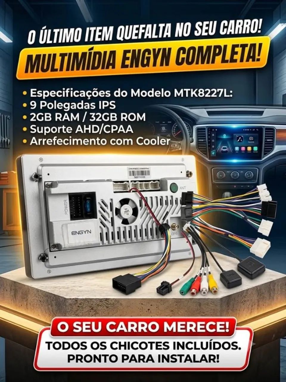 Central Multimídia Universal Engyn 9" IPS - Android, CarPlay/Android Auto, 2GB RAM / 32GB