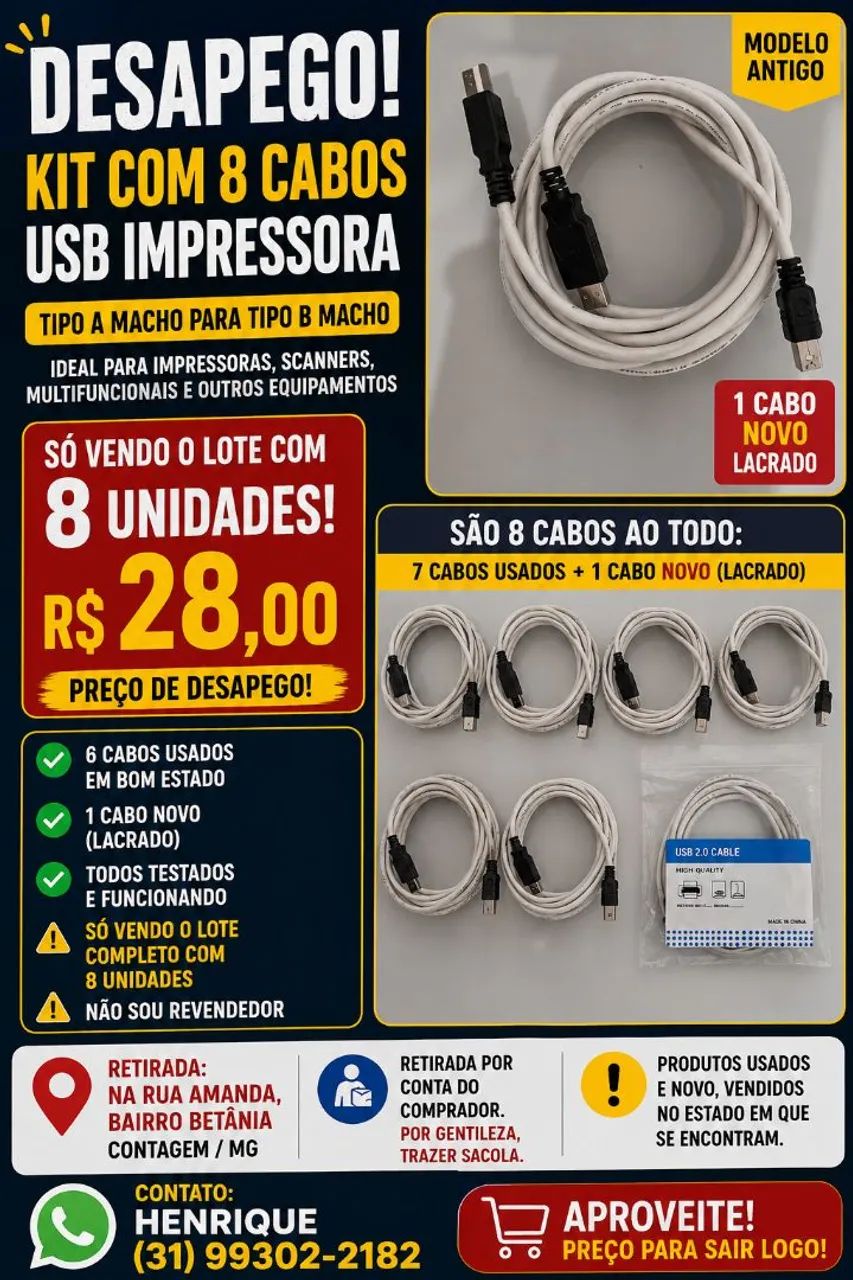 Kit com 8 Cabos USB A x USB B para Impressora - R$ 28