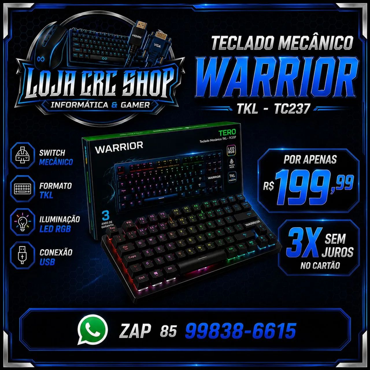 Teclado Gamer Mecânico Warrior Led Rainbow TKL Switch Blue Usb 