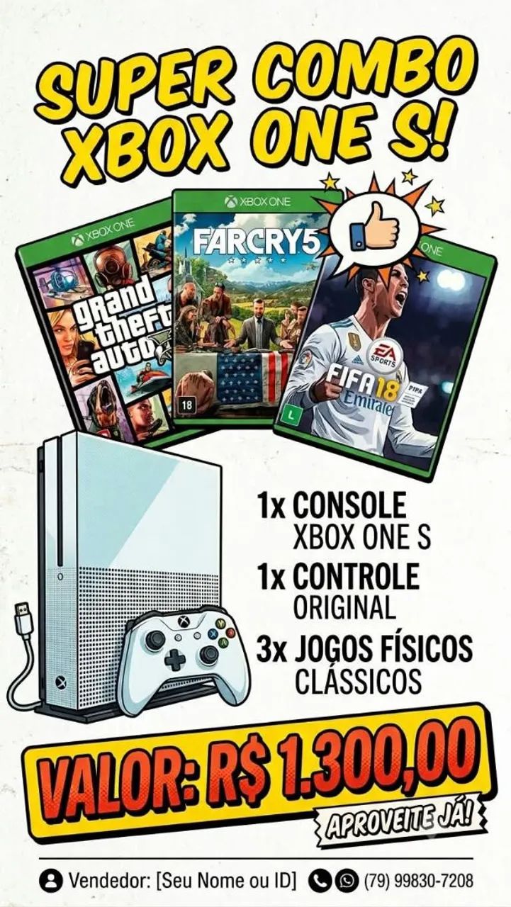 Xbox one s com 1 controle e 3 jogos