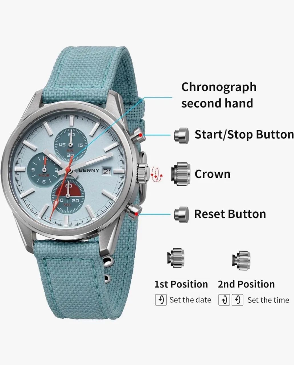 Relógio Berny Cronógrafo azul 37mm - Foto 4