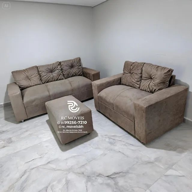 Sofá 2 e 3 Lugares com Puff Suede Cinza D33 Confortável Resistente - Foto 5