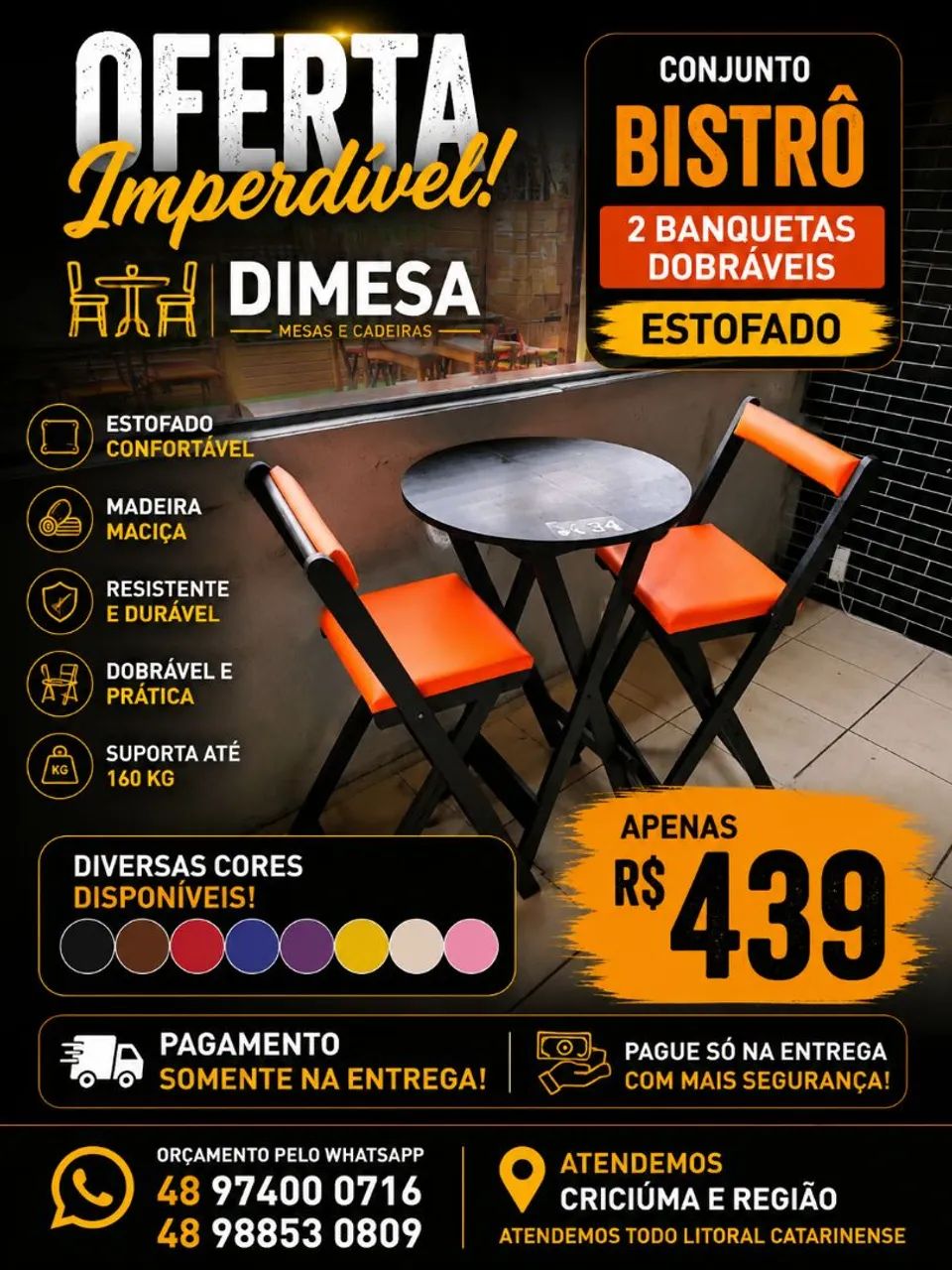 Jogo bistrô com 2 banquetas dobráveis estofadas