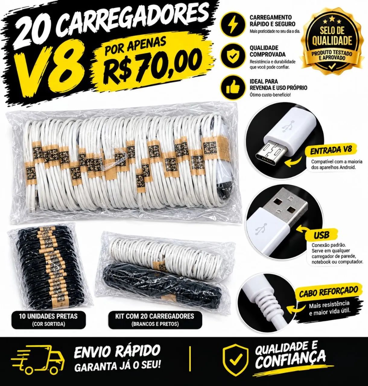 KIT DE CARREGADORES V8 PARA CELULAR 