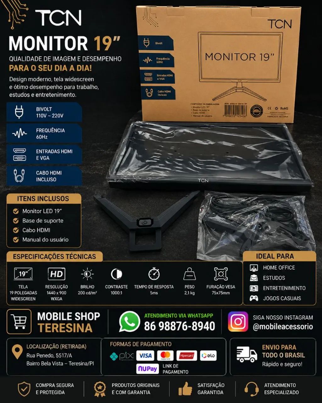 Monitor LED 19" TCN HD HDMI e VGA Widescreen com Cabo HDMI