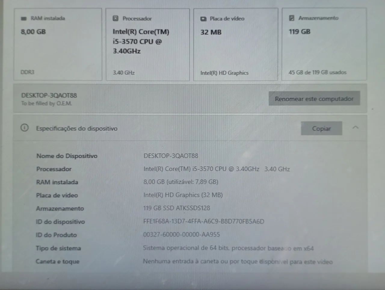 CPU core i5 3° geração com ssd