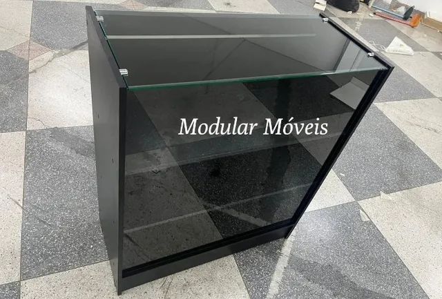 Balcão Vitrine com Vidro Superior e Portas - Preto