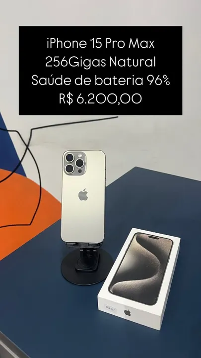 iPhone 15 Pro Max 256GB Natural Saúde de bateria 96% R$ 6.200,00 Semi Novo | Loja Fisica |